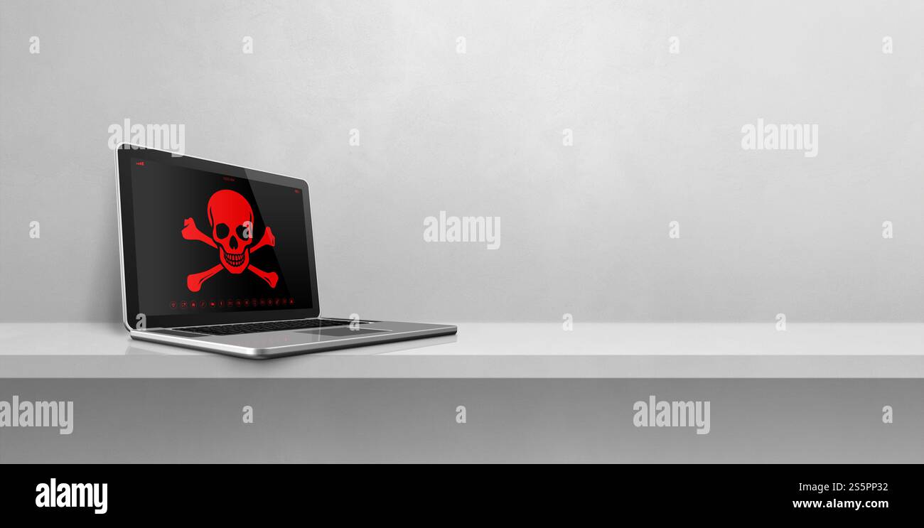 Ordinateur portable sur une étagère avec un symbole pirate à l'écran. Concept de piratage et de virus. Illustration 3D isolée sur fond blanc. Bannière horizontale. Ordinateur portable Banque D'Images