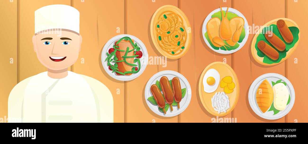 Bannière de concept de cuisinière thaïlandaise. Illustration de dessin animé de la bannière de concept de vecteur de cuiseur de nourriture thaïlandais pour la conception de Web. Bannière de concept de cuisinière thaïlandaise, style de bande dessinée Illustration de Vecteur