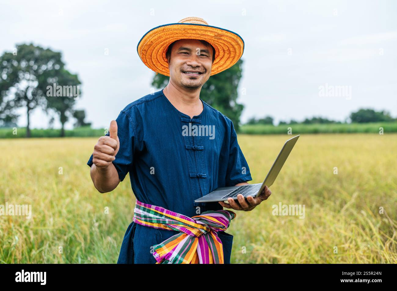 Homme fermier asiatique d'âge moyen avec Smart Farming technologie agricole et agriculture biologique, en utilisant un ordinateur portable pour la recherche dans le champ de riz Banque D'Images