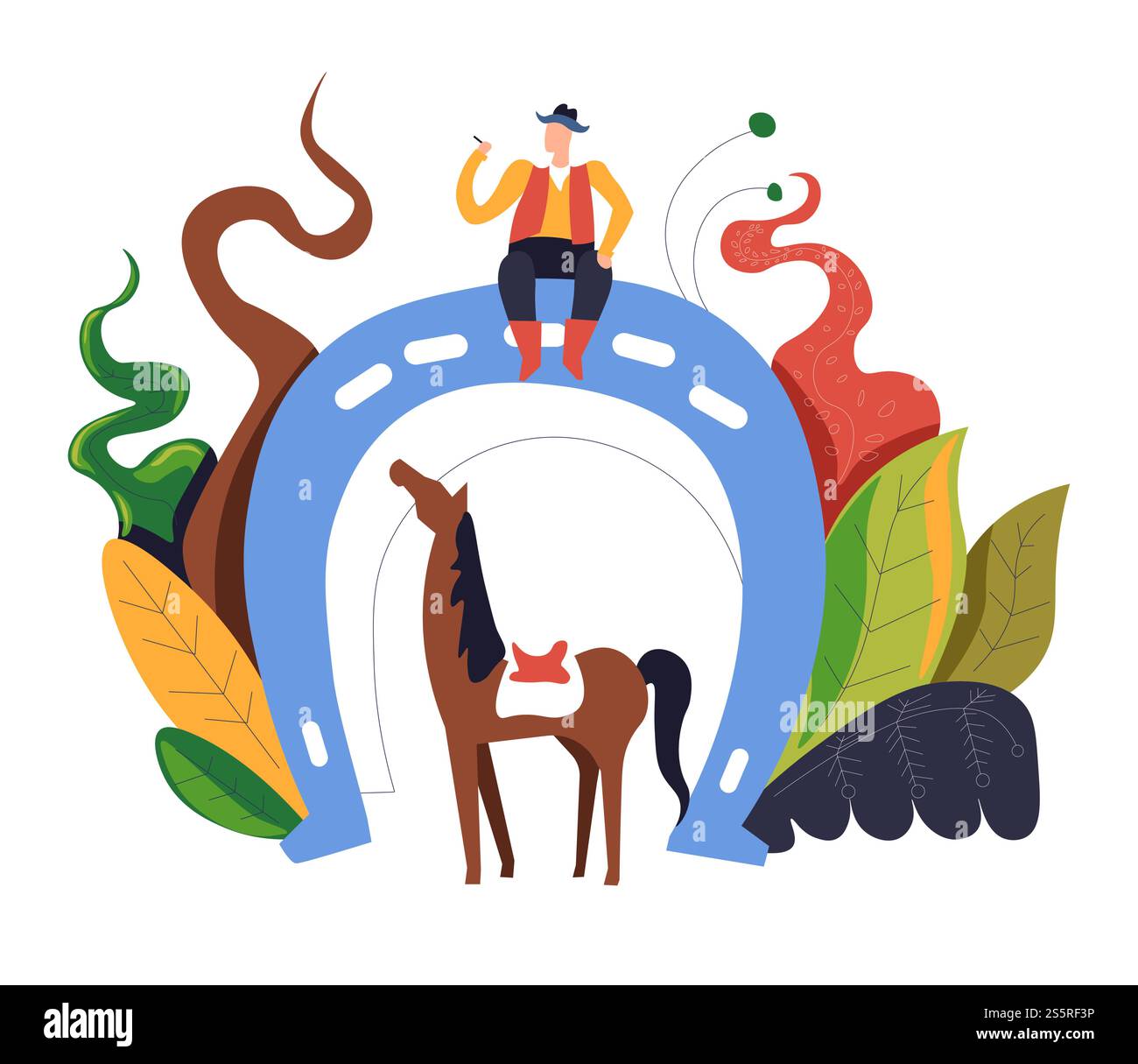 Cow-boy debout sur le mâle fer à cheval portant des vêtements et cheval vecteur animal prêt à prendre propriétaire feuillage et ornement floral décoration shérif et objet en métal de style occidental criminel s'échappant.. Cow-boy debout sur un homme en fer à cheval portant des vêtements et un cheval Illustration de Vecteur