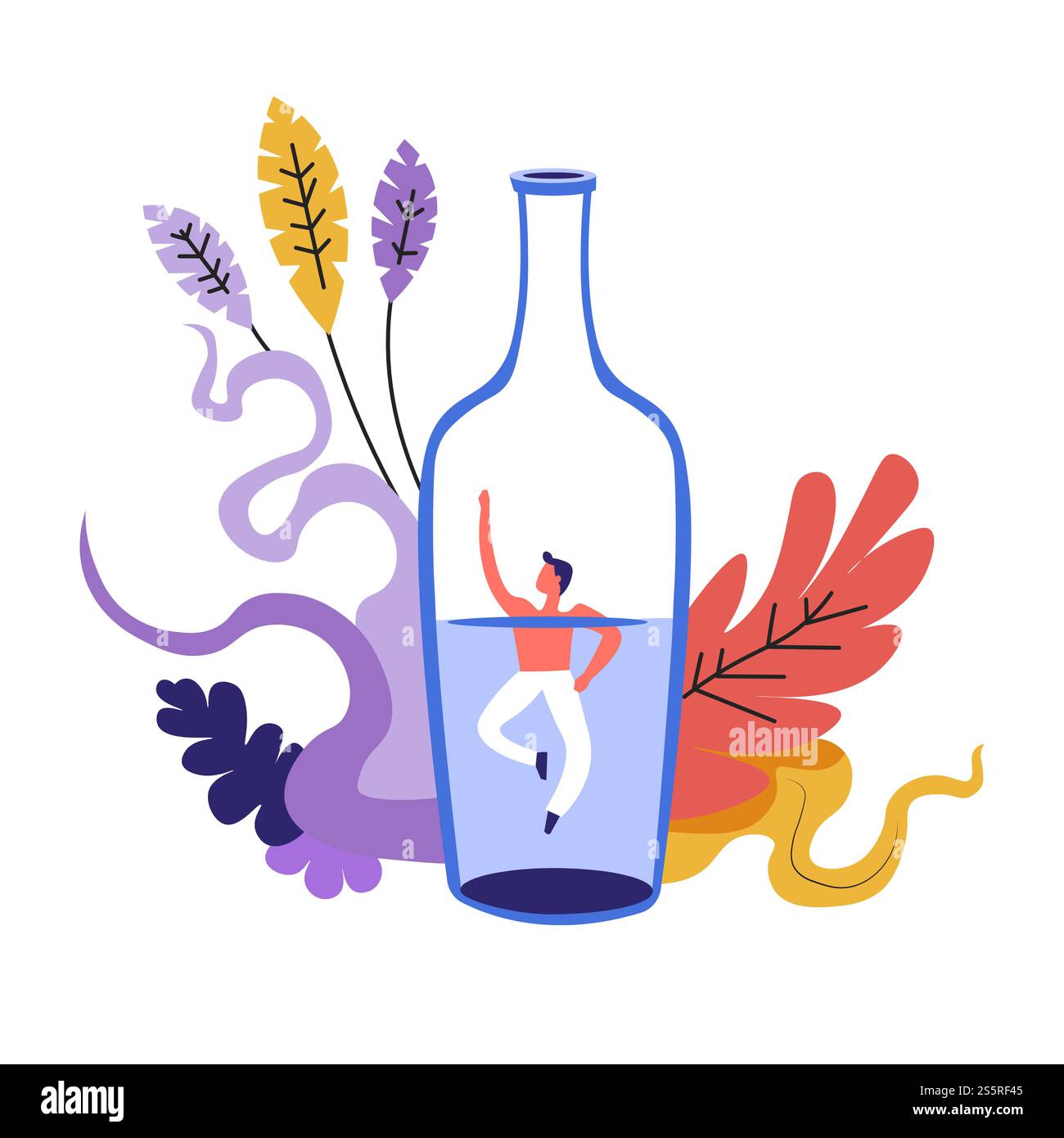 Problème familial, homme noyé en bouteille avec vecteur de boisson alcoolisée. Alcoolisme et conflits sur la base de l'alcoolisme. Mâle demandant à l'aider, ivrogne avec des feuilles et décoration de feuillage. Problème familial, homme noyé en bouteille avec boisson alcoolisée Illustration de Vecteur