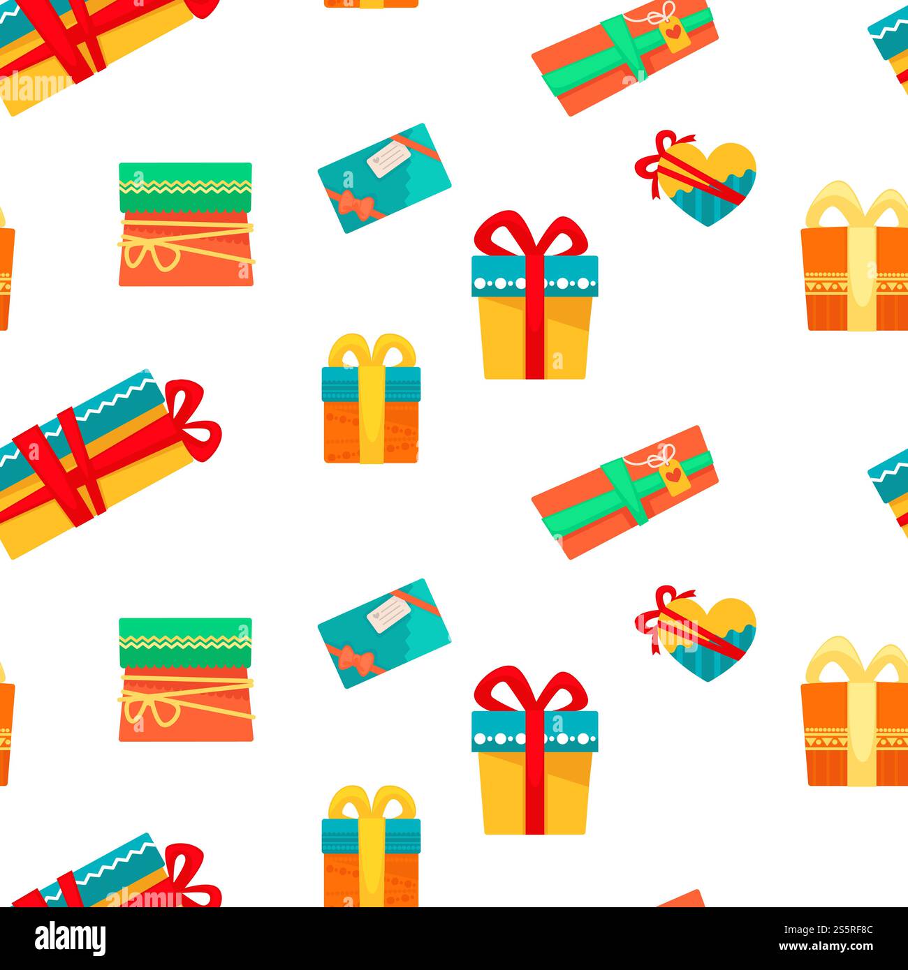 Modèle sans couture de vacances de Noël de cadeaux et de cadeaux dans des boîtes décorées avec des rubans d'arcs et des papiers d'emballage boîtes-cadeaux vectorielles de différentes formes célébration des conteneurs de Noël joyeux événement d'hiver. Motif sans couture de vacances de Noël de cadeaux et de cadeaux Illustration de Vecteur