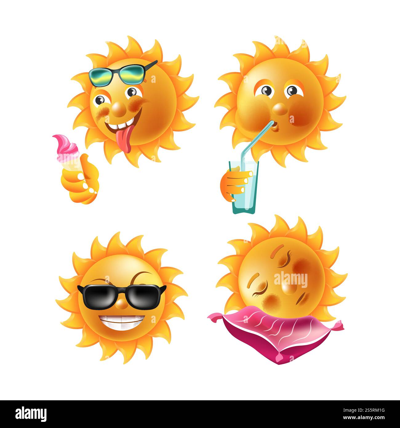 Sourires de soleil ou émoticônes de dessins animés d'été et visages emoji heureux avec des expressions. Icônes isolées vectorielles de soleils brillants souriants.. Sourires de soleil ou émoticônes de dessins animés d'été et visages emoji heureux avec des expressions. Illustration de Vecteur