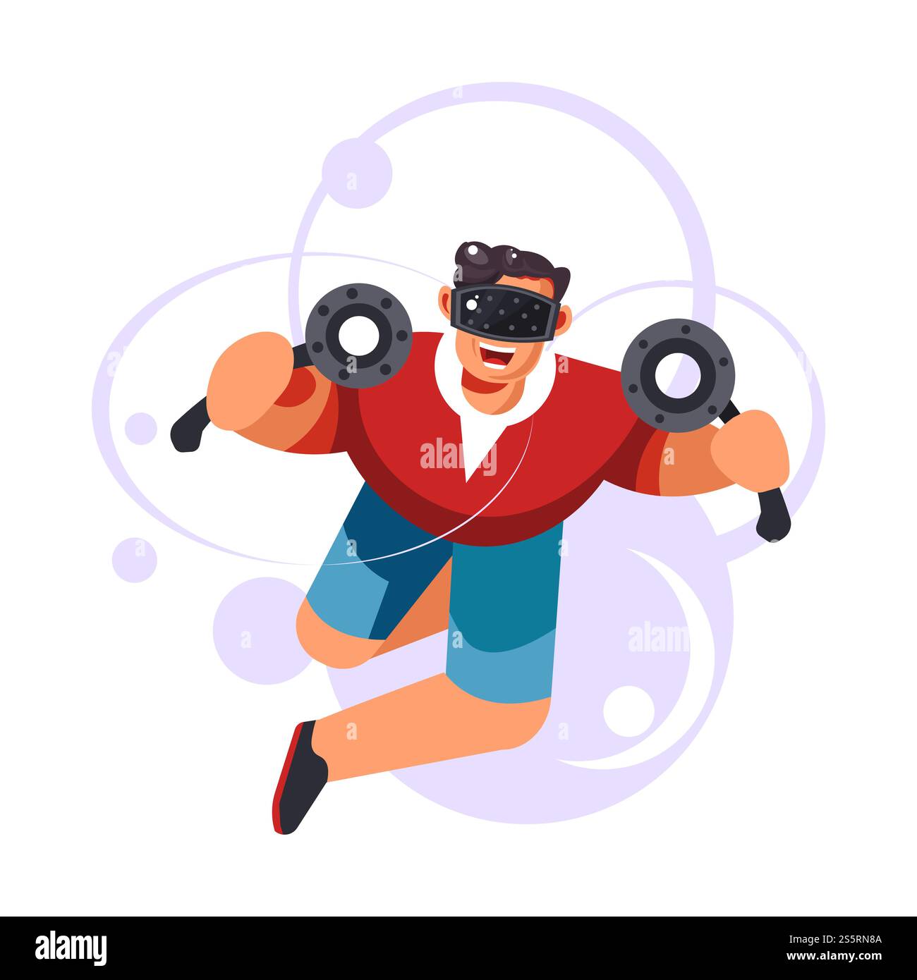 Homme de divertissement de réalité virtuelle portant des lunettes de vr et se déplaçant autour de vecteur relaxation moderne des technologies de jeunesse et de nouvelles possibilités futuristes du feuillage de l'humanité et de la décoration des feuilles .. Homme de divertissement de réalité virtuelle portant des lunettes de vr et se déplaçant Illustration de Vecteur