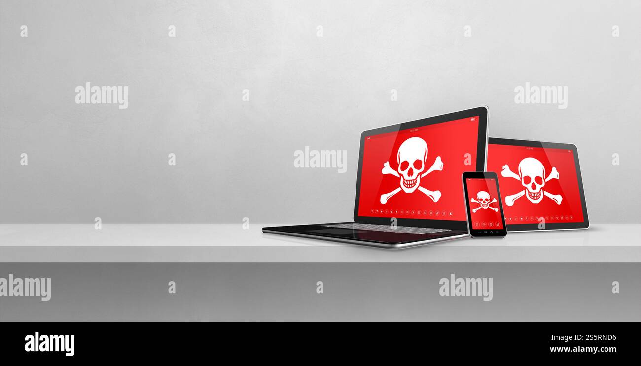 Ordinateur portable tablette pc et smartphone sur une étagère avec des symboles pirate à l'écran. Concept de piratage et de virus. Illustration 3D isolée sur fond blanc. Banque D'Images
