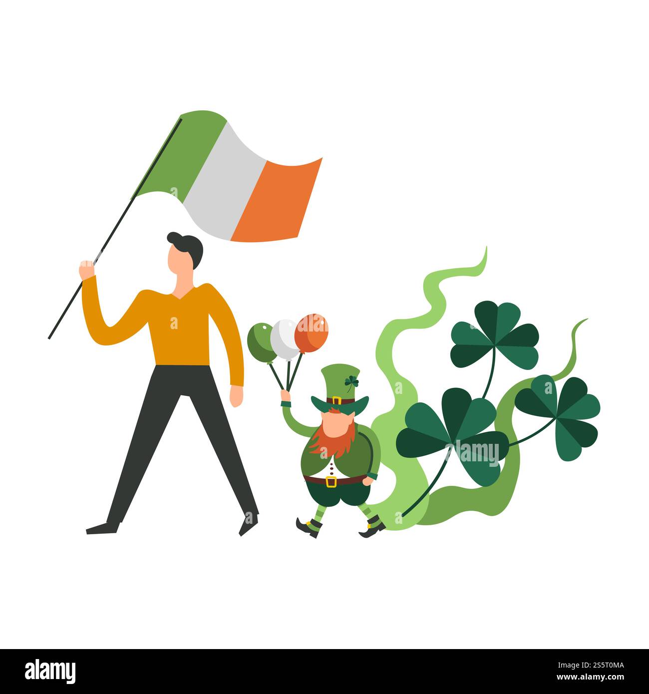 Parade de la Saint Patrick, jour férié, homme marchant tenant le drapeau irlandais, gnome de leprechaun avec trois ballons, vert, blanc et orange, trois trèfles, motif de verdure floral, illustration vectorielle de concept plat coloré. : Défilé de la Saint Patrick, homme et gnome leprechaun marchant ho Illustration de Vecteur