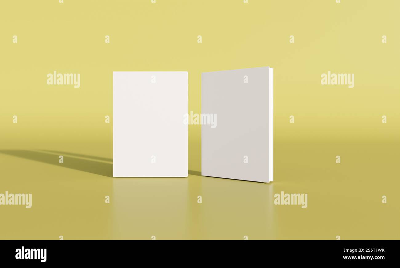 2 feuilles de papier blanc placées sur un fond jaune. Banque D'Images