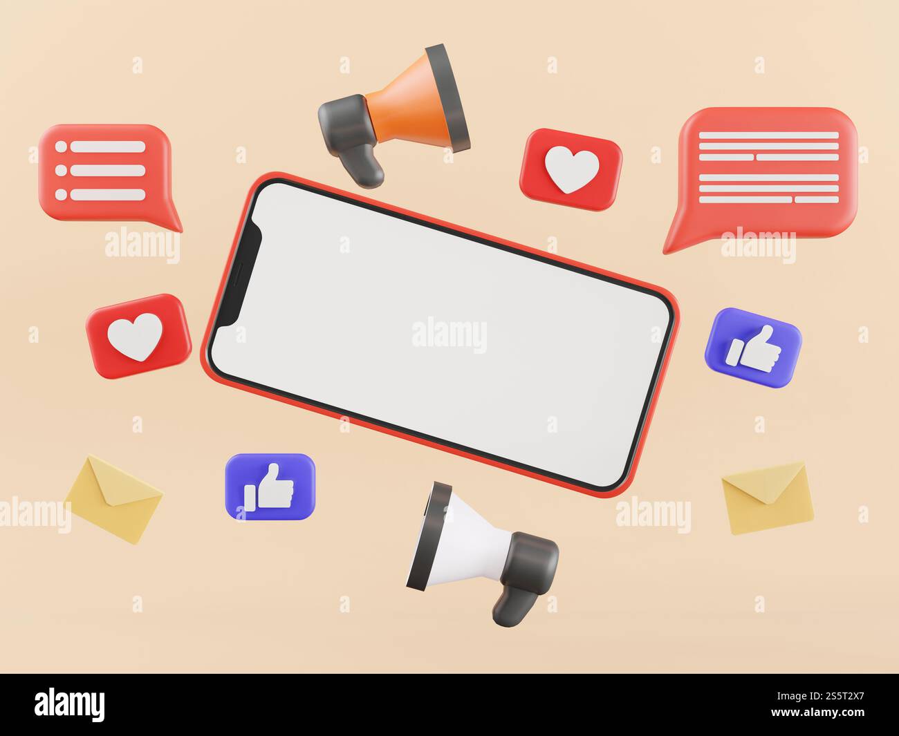 Téléphone portable sur fond pastel avec des graphiques 3D. Banque D'Images