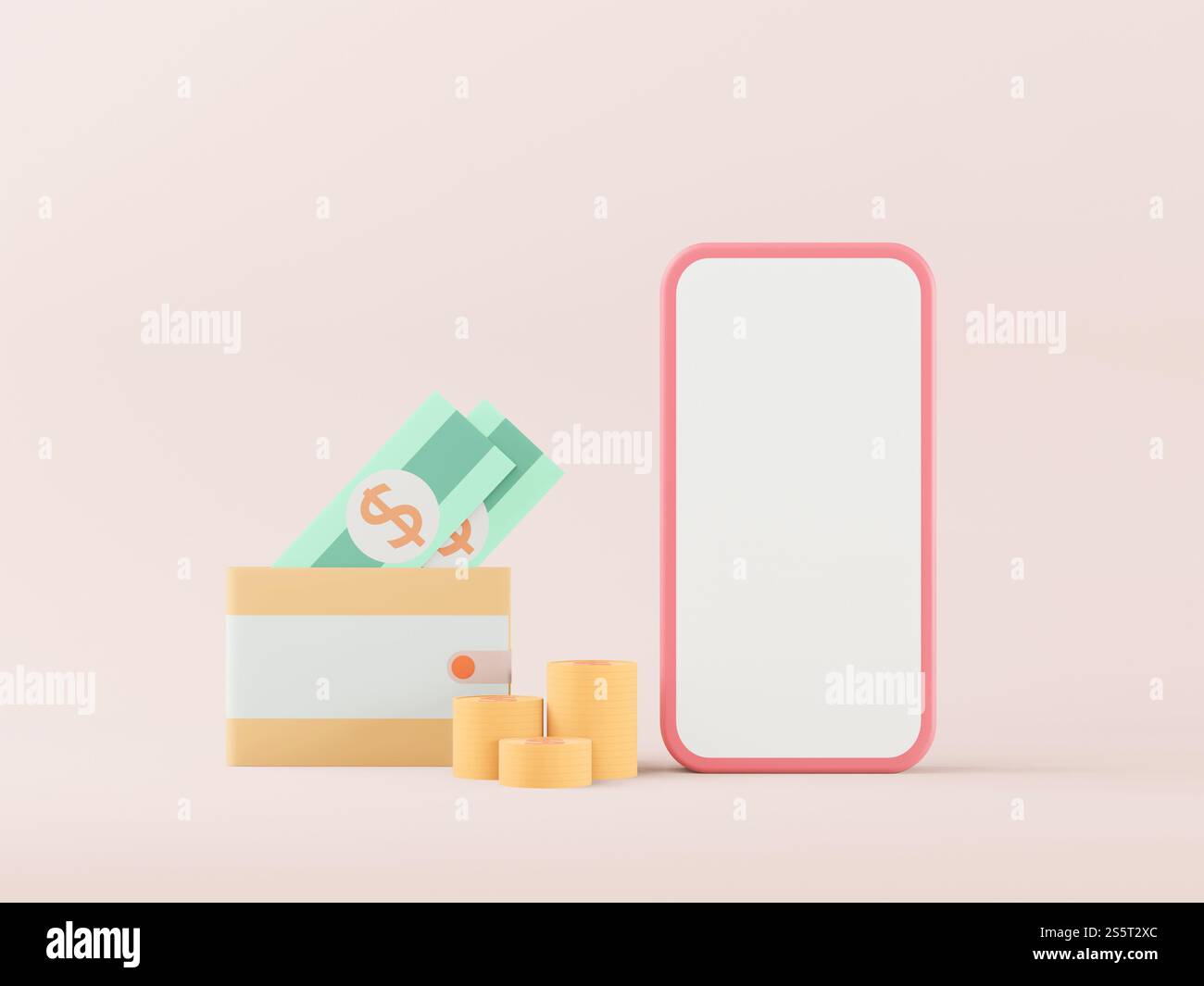 Téléphone portable sur fond pastel avec des graphiques 3D. Banque D'Images