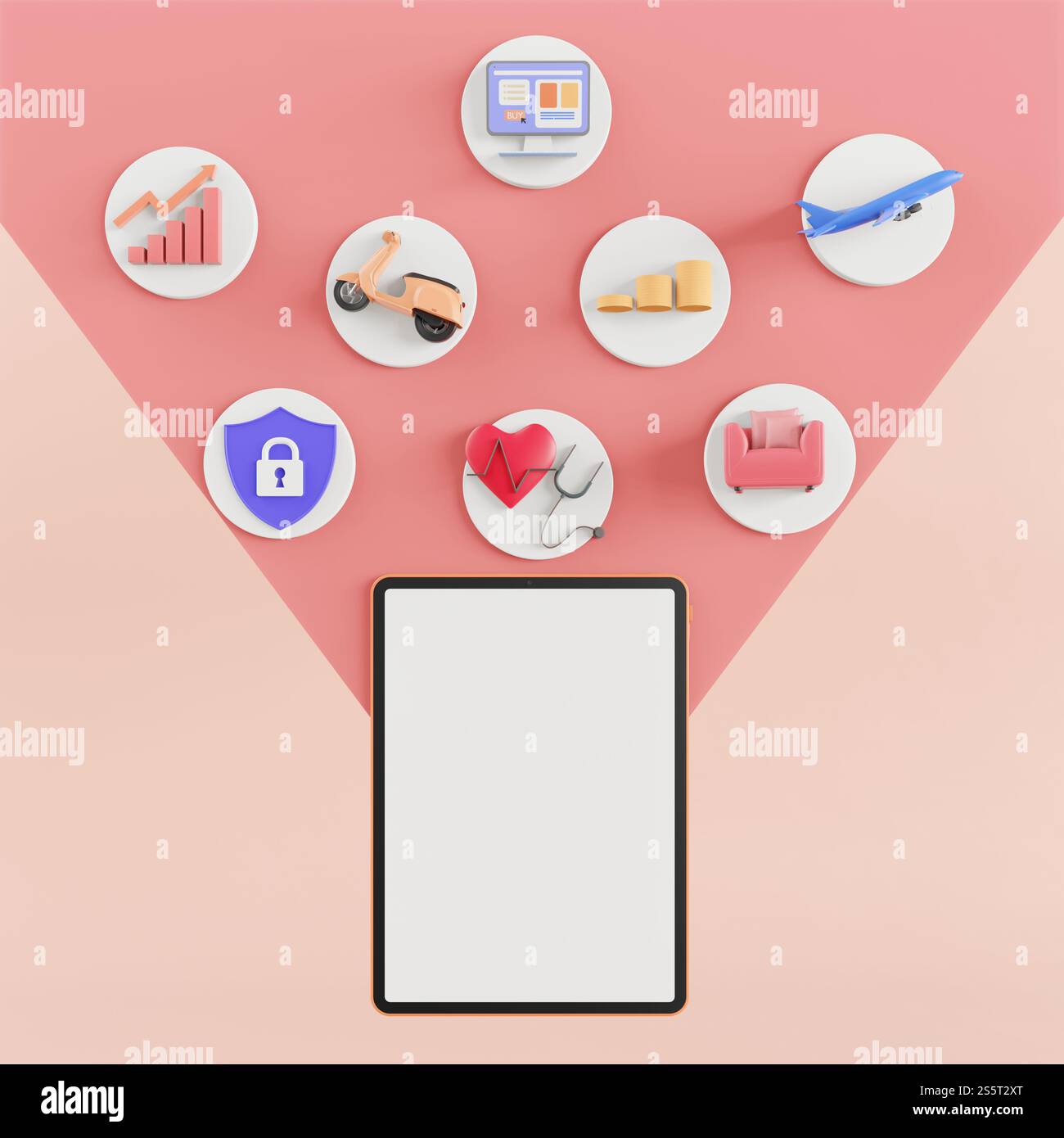 Téléphone portable sur fond pastel avec des graphiques 3D. Banque D'Images