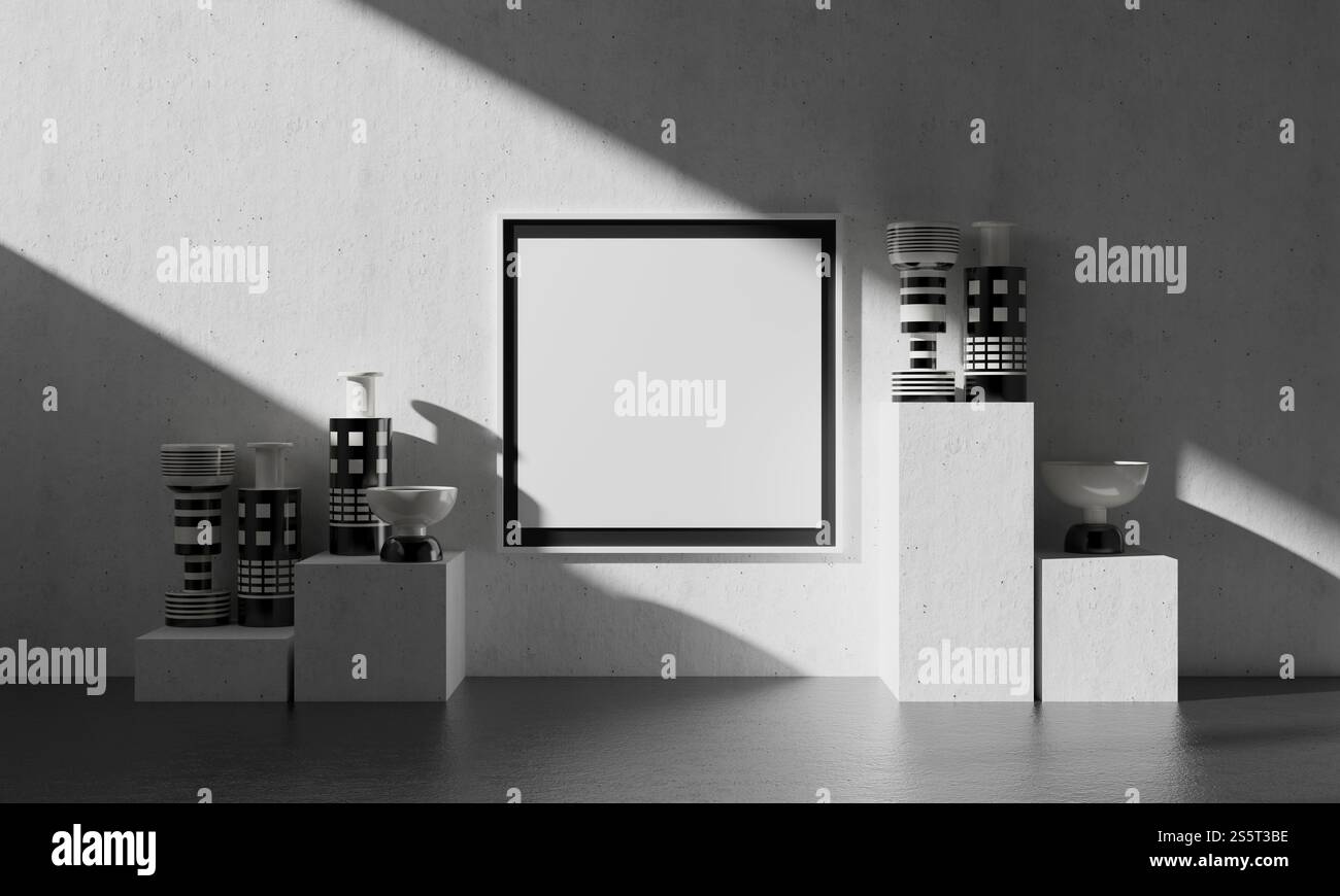 Le salon se compose d'un vase et d'un cadre photo sur le mur. Banque D'Images