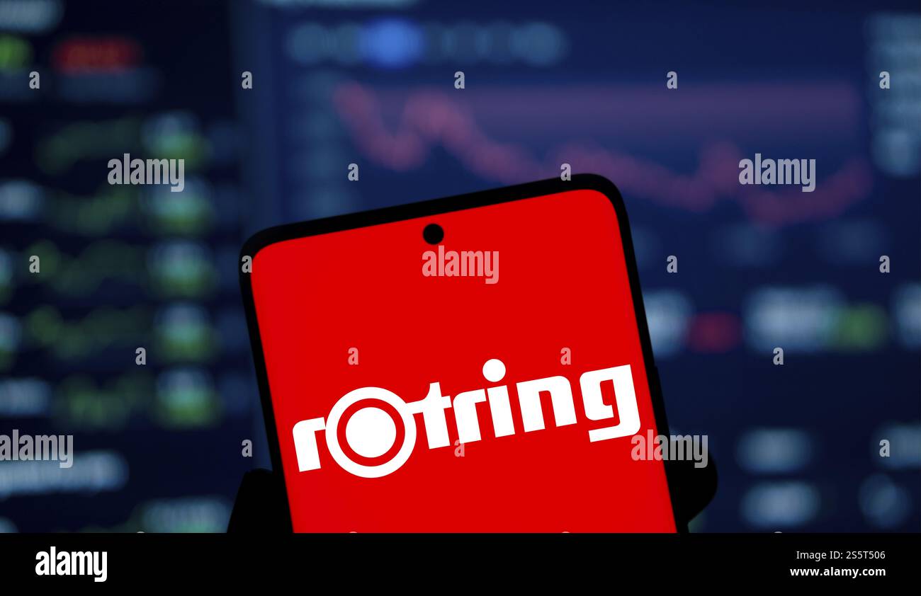 le logo rotring est affiché sur s, artphone. Rotring est un fabricant d'outils techniques de dessin et d'outils d'écriture entreprise Banque D'Images