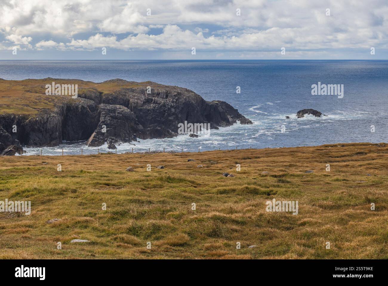 Écosse, Hébrides. Île de Lewis, Aird Uig. Côte accidentée de Gallan Head. Landes. Banque D'Images