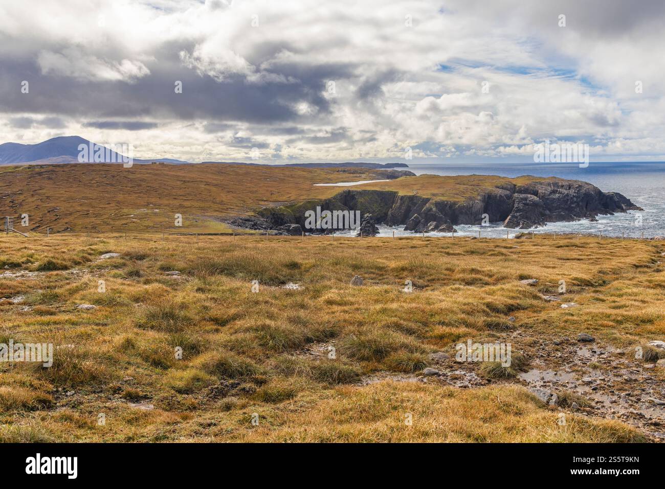 Écosse, Hébrides. Île de Lewis, Aird Uig. Côte accidentée de Gallan Head. Landes. Banque D'Images