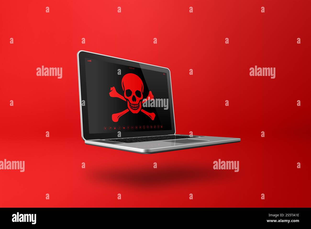 Ordinateur portable avec un symbole pirate à l'écran. Concept de piratage et de virus. Illustration 3D isolée sur fond rouge. Ordinateur portable avec un symbole pirate à l'écran. Banque D'Images