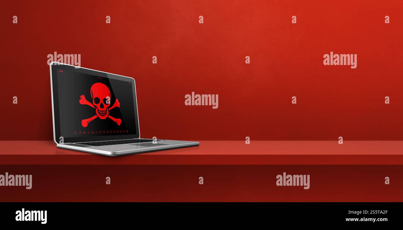 Ordinateur portable sur une étagère avec un symbole pirate à l'écran. Concept de piratage et de virus. Illustration 3D isolée sur fond rouge. Bannière horizontale. Ordinateur portable allumé Banque D'Images