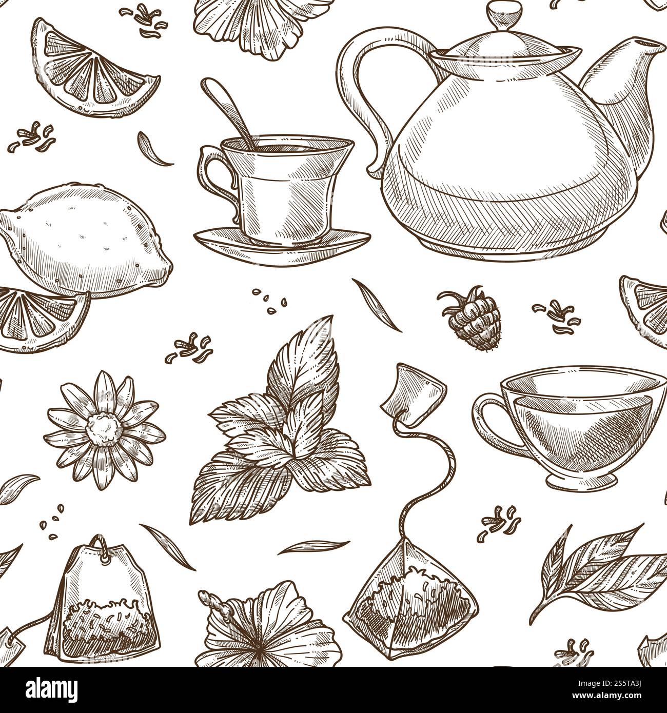 Bouilloire à thé et boisson versées dans une tasse monochrome esquisse vectorielle sans couture motif de tranches de citron feuilles de menthe et espèces vont ensemble avec la fleur de boisson chaude et le fruit doux de framboise.. Bouilloire à thé et boisson versée dans le contour de croquis monochrome de tasse Illustration de Vecteur