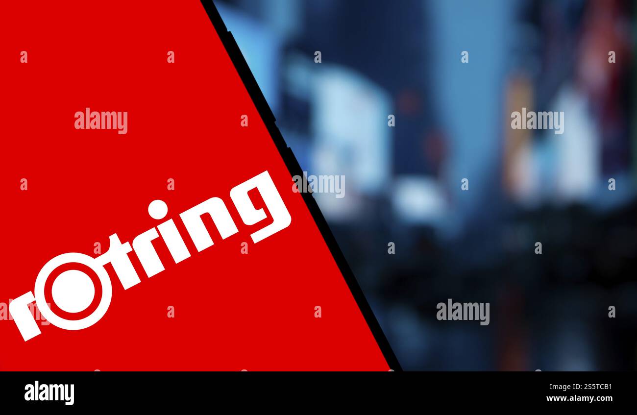 le logo rotring est affiché sur s, artphone. Rotring est un fabricant d'outils techniques de dessin et d'outils d'écriture entreprise Banque D'Images