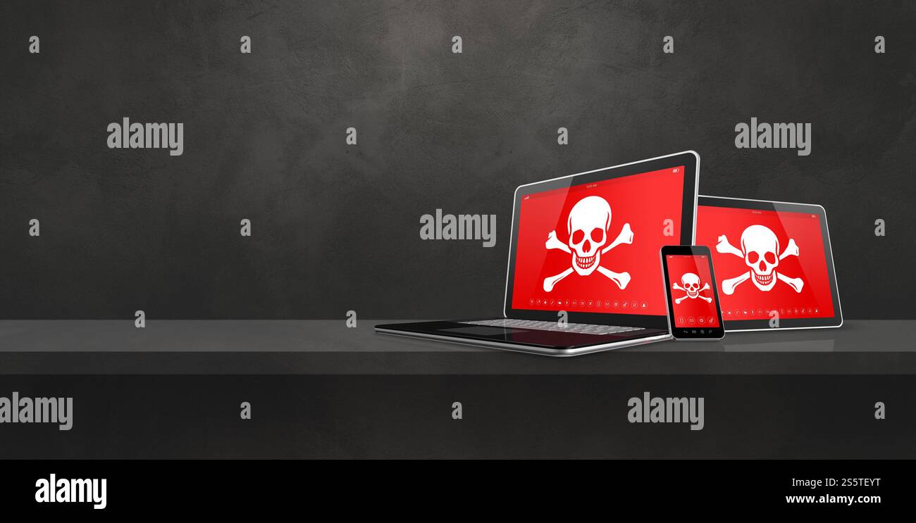 Ordinateur portable tablette pc et smartphone sur une étagère avec des symboles pirate à l'écran. Concept de piratage et de virus. Illustration 3D isolée sur fond noir. Banque D'Images