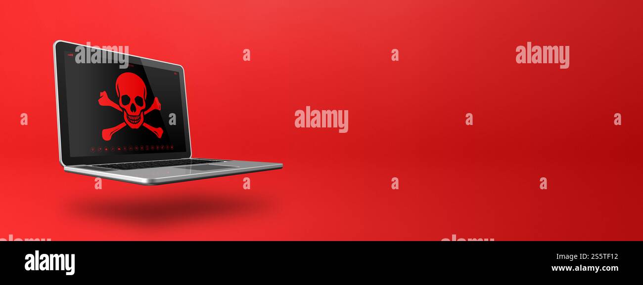 Ordinateur portable avec un symbole pirate à l'écran. Concept de piratage et de virus. Illustration 3D isolée sur fond rouge. Bannière horizontale. Ordinateur portable avec un pirate Banque D'Images