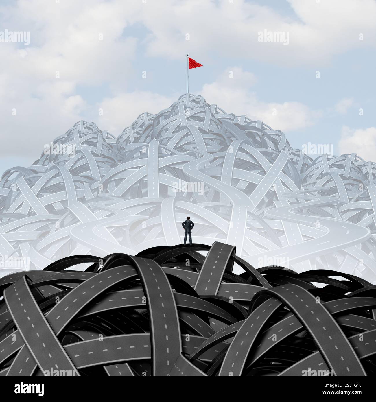 Stratégie d'objectif d'affaires et faire face aux défis grimper une métaphore d'obstacle élevé en tant qu'homme d'affaires avec un objectif de retirer un drapeau rouge du sommet ou Banque D'Images