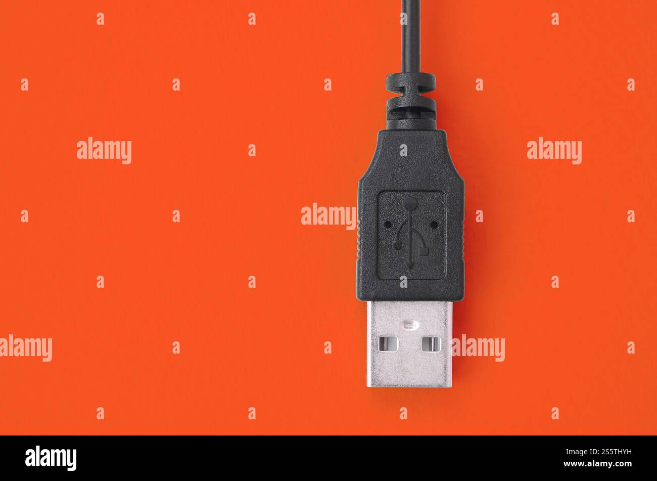 La prise USB noire repose sur un fond rouge vif. Vue de dessus du minimalisme à plat. Concept de technologie moderne. Prise USB noire repose sur un rouge vif Banque D'Images