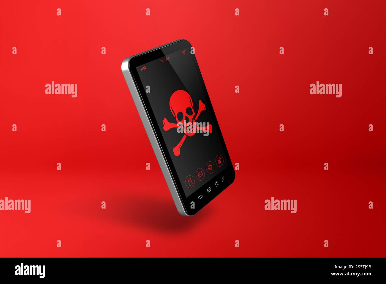 Smartphone avec un symbole pirate sur l'écran. Concept de piratage et de virus. Illustration 3D isolée sur fond rouge. smartphone avec un symbole pirate Banque D'Images