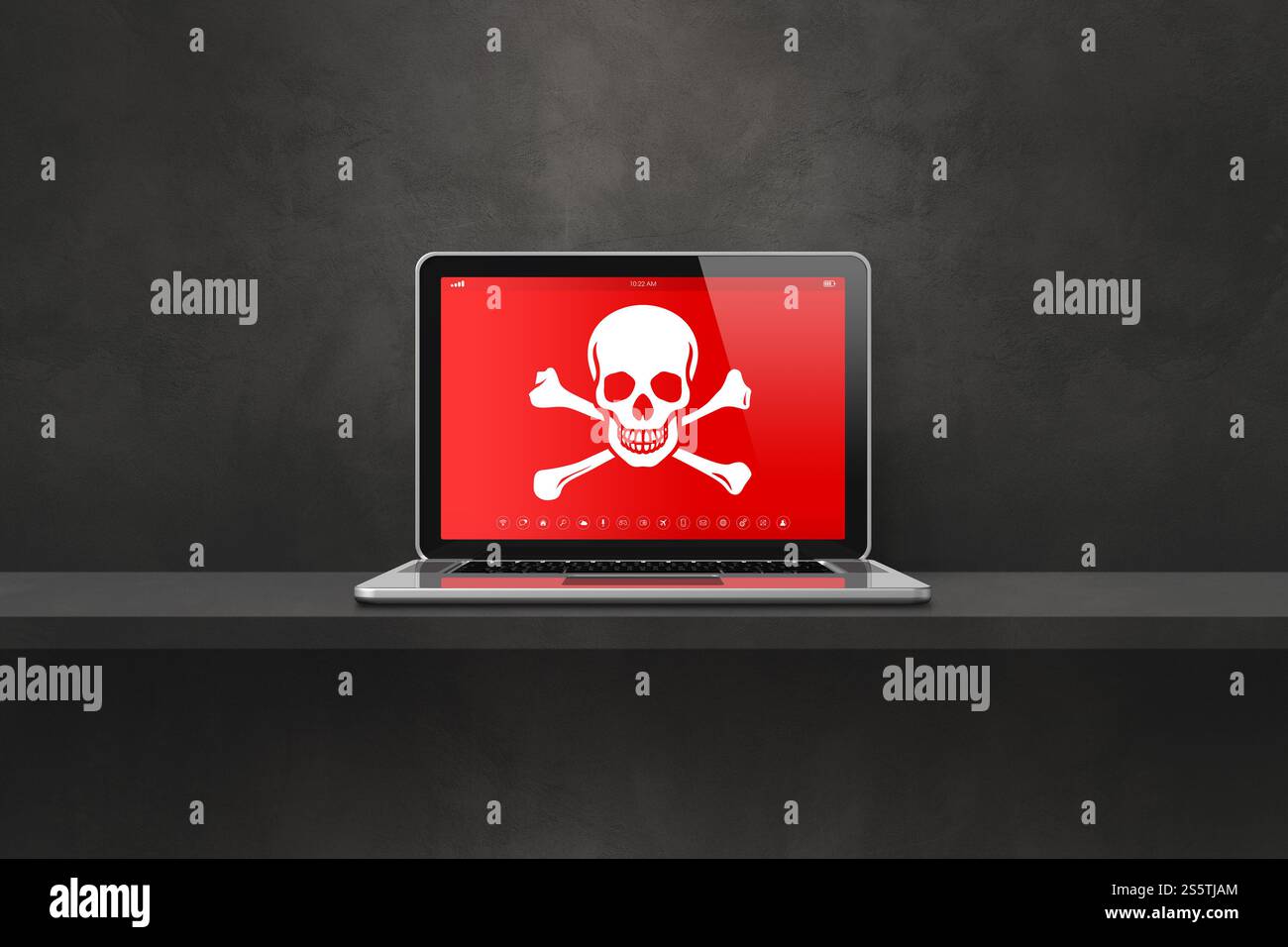Ordinateur portable sur une étagère avec un symbole pirate à l'écran. Concept de piratage et de virus. Illustration 3D isolée sur fond noir. Ordinateur portable sur une étagère avec un Banque D'Images