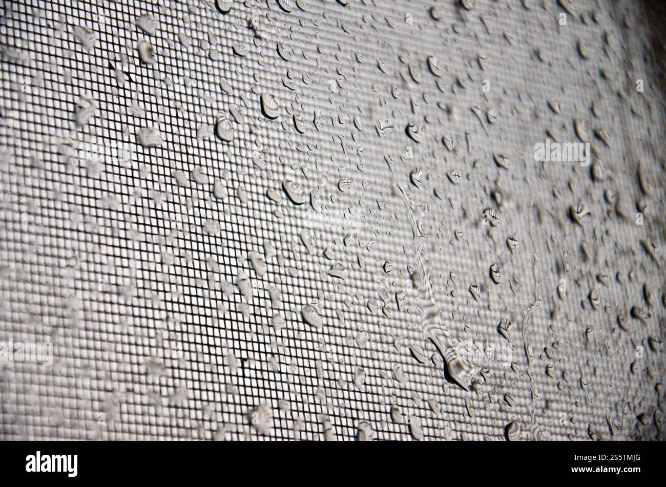 Image en arrière-plan des gouttes de pluie sur une vitre, qui est protégé par une moustiquaire. Macro photo avec une faible profondeur de champ Banque D'Images
