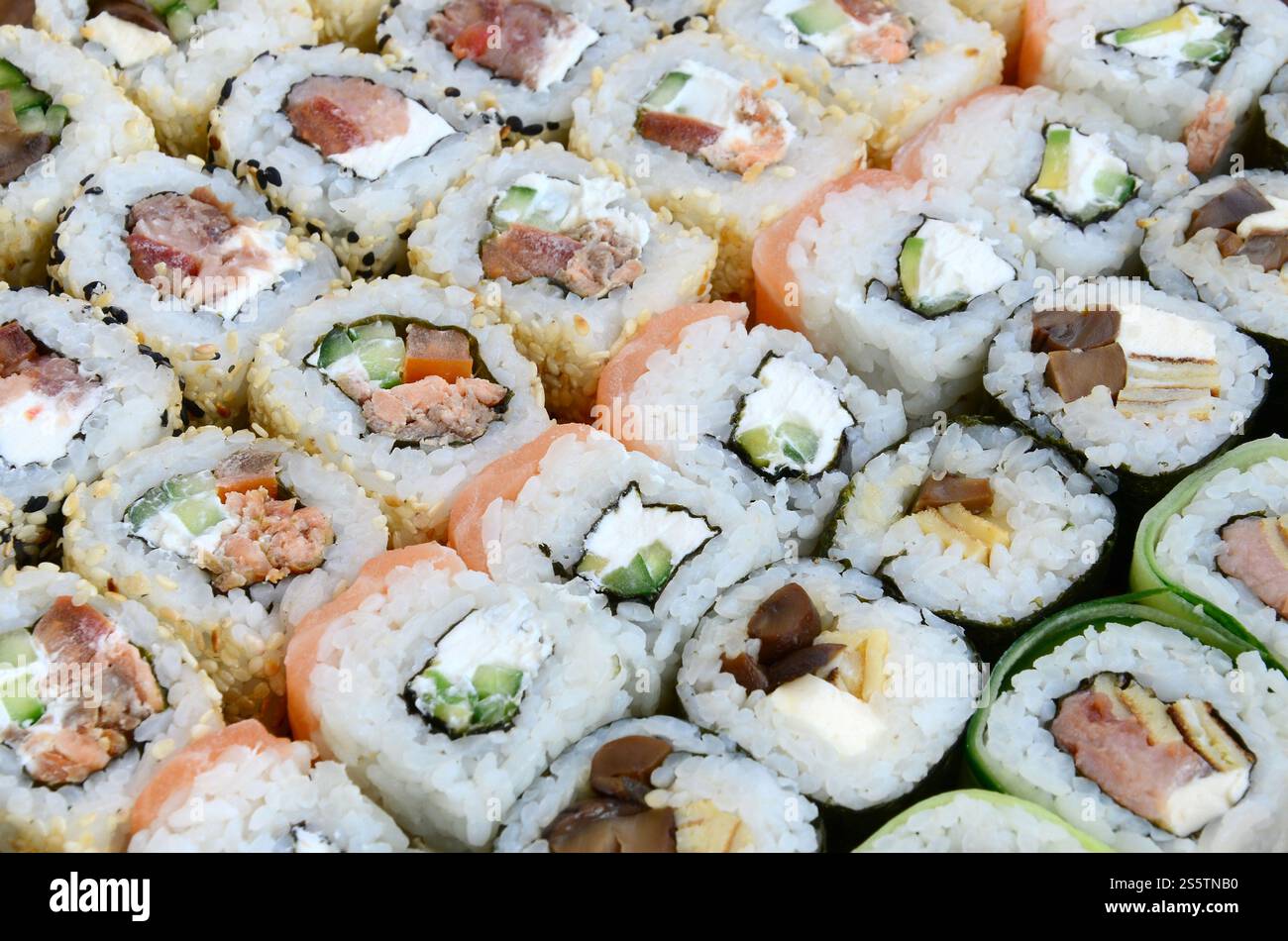 Gros plan d'un grand nombre de petits pains à sushis avec différentes garnitures. Photo macro de plats japonais classiques cuits. Image d'arrière-plan Banque D'Images Gros plan d'un grand nombre de petits pains à sushis avec différentes garnitures. Photo macro de plats japonais classiques cuits. Image d'arrière-plan Banque D'Images