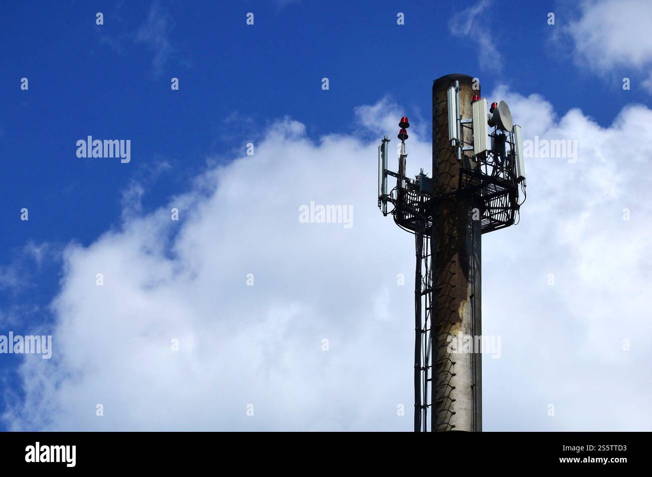 Cheminée en métal élevé d'installations industrielles avec échelle sous la forme d'accolades métalliques contre l'arrière-plan d'un ciel nuageux ciel bleu Banque D'Images