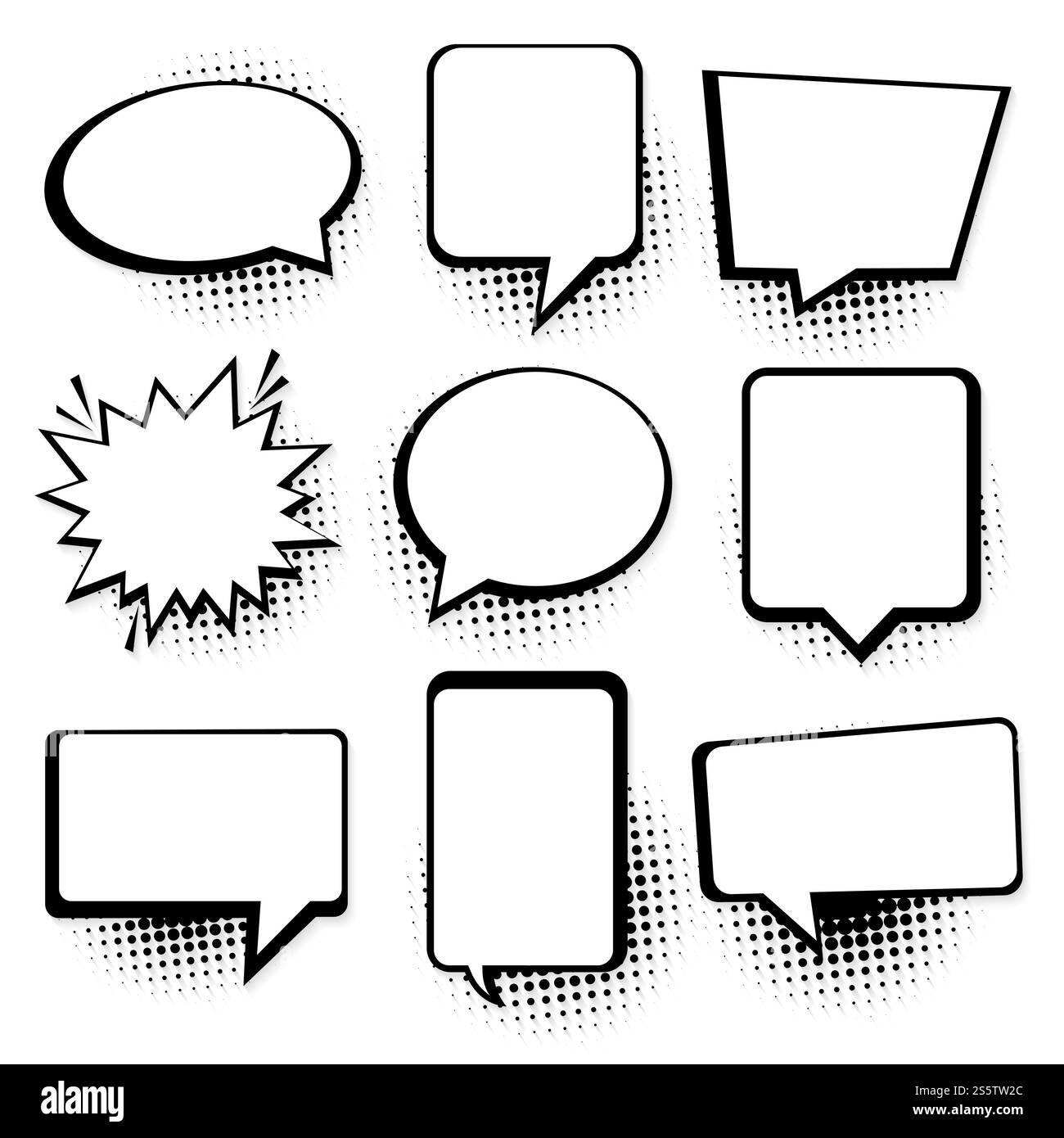 Bulles de parole ou de pensée. Bulles de discours comiques rétro vides ensemble 9 en 1. icône vectorielle Banque D'Images Bulles de parole ou de pensée. Bulles de discours comiques rétro vides ensemble 9 en 1. icône vectorielle Banque D'Images