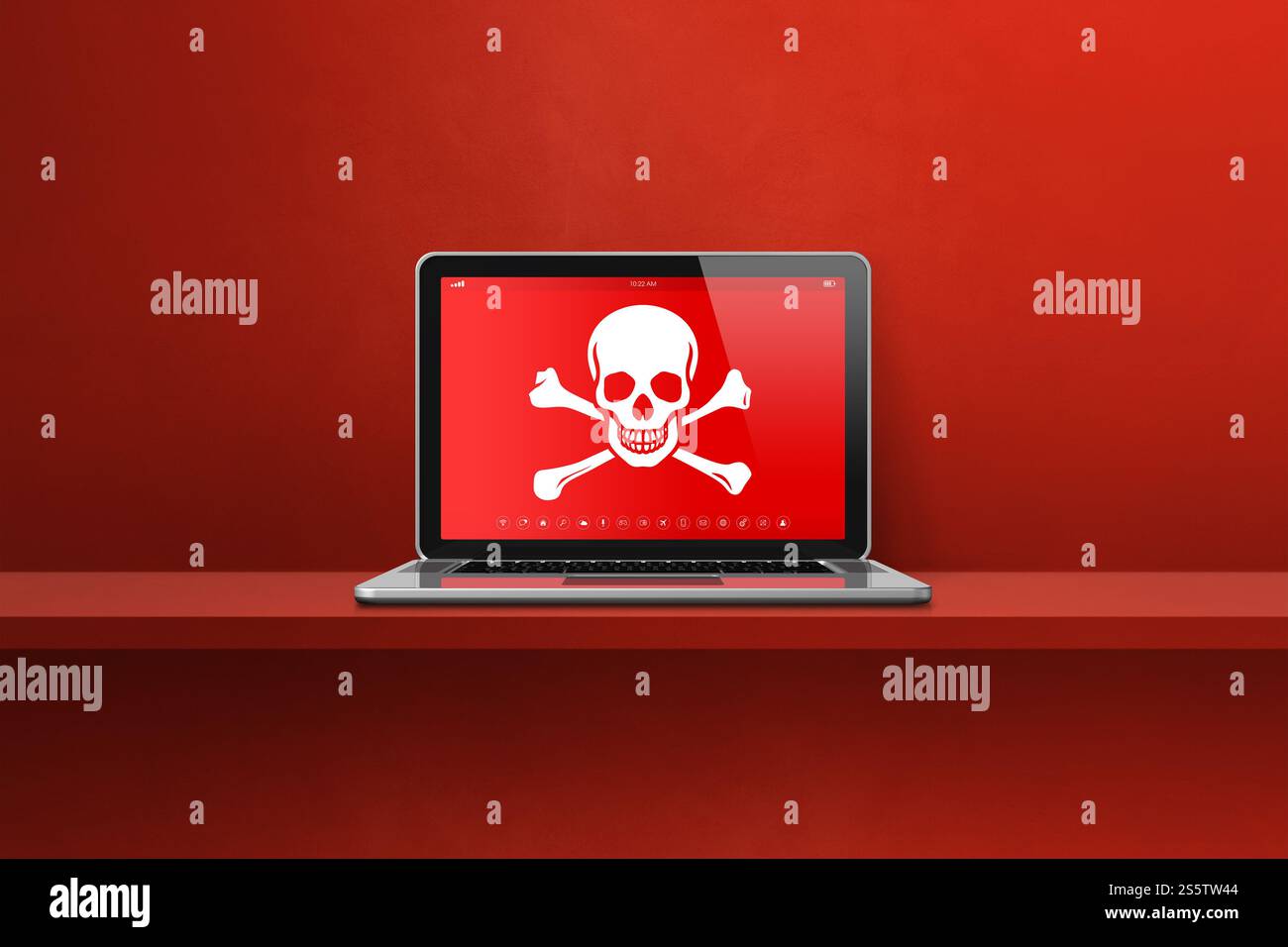 Ordinateur portable sur une étagère avec un symbole pirate à l'écran. Concept de piratage et de virus. Illustration 3D isolée sur fond rouge. Ordinateur portable sur une étagère avec un Banque D'Images