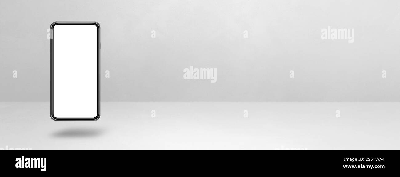 Smartphone vierge flottant sur un fond blanc. Illustration isolée 3D. Modèle de bannière horizontale. Smartphone flottant isolé sur blanc. Banque D'Images