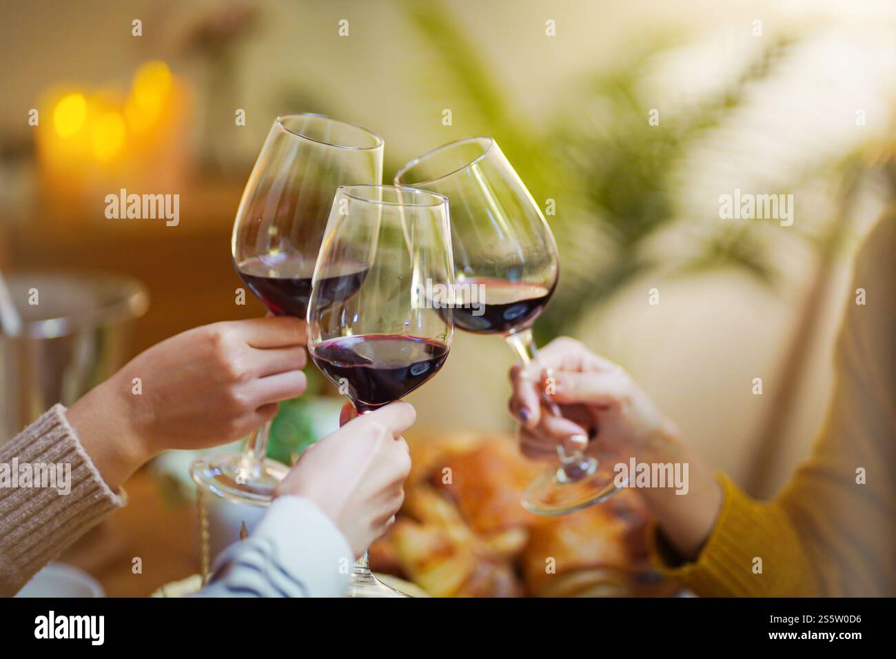 Amis joyeux appréciant la fête d'anniversaire à la maison. Amis asiatiques acclamant boire du vin rouge pour célébrer Noël ou la fête du nouvel an. Banque D'Images