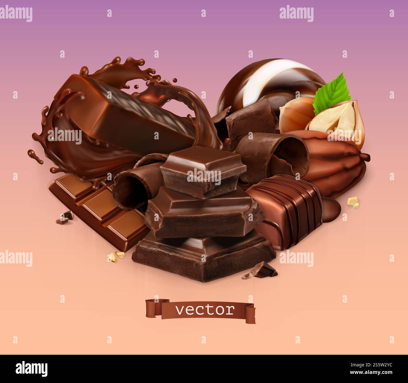 Chocolat réaliste. Barre de chocolat, éclaboussures, bonbons, morceaux, copeaux, fève de cacao et noisette. vecteur 3d. Banque D'Images