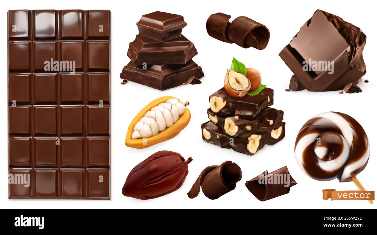 Chocolat réaliste. Barre de chocolat, bonbons, morceaux, copeaux, fèves de cacao et noisettes. jeu de vecteurs 3d. Banque D'Images