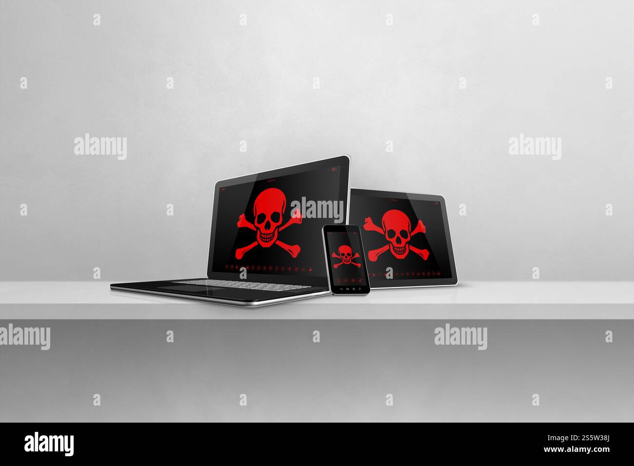 Ordinateur portable tablette pc et smartphone sur une étagère avec des symboles pirate à l'écran. Concept de piratage et de virus. Illustration 3D isolée sur fond blanc. Banque D'Images