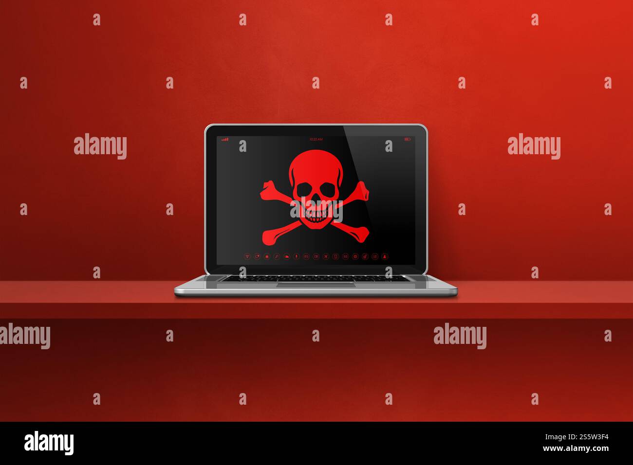 Ordinateur portable sur une étagère avec un symbole pirate à l'écran. Concept de piratage et de virus. Illustration 3D isolée sur fond rouge. Ordinateur portable sur une étagère avec un Banque D'Images