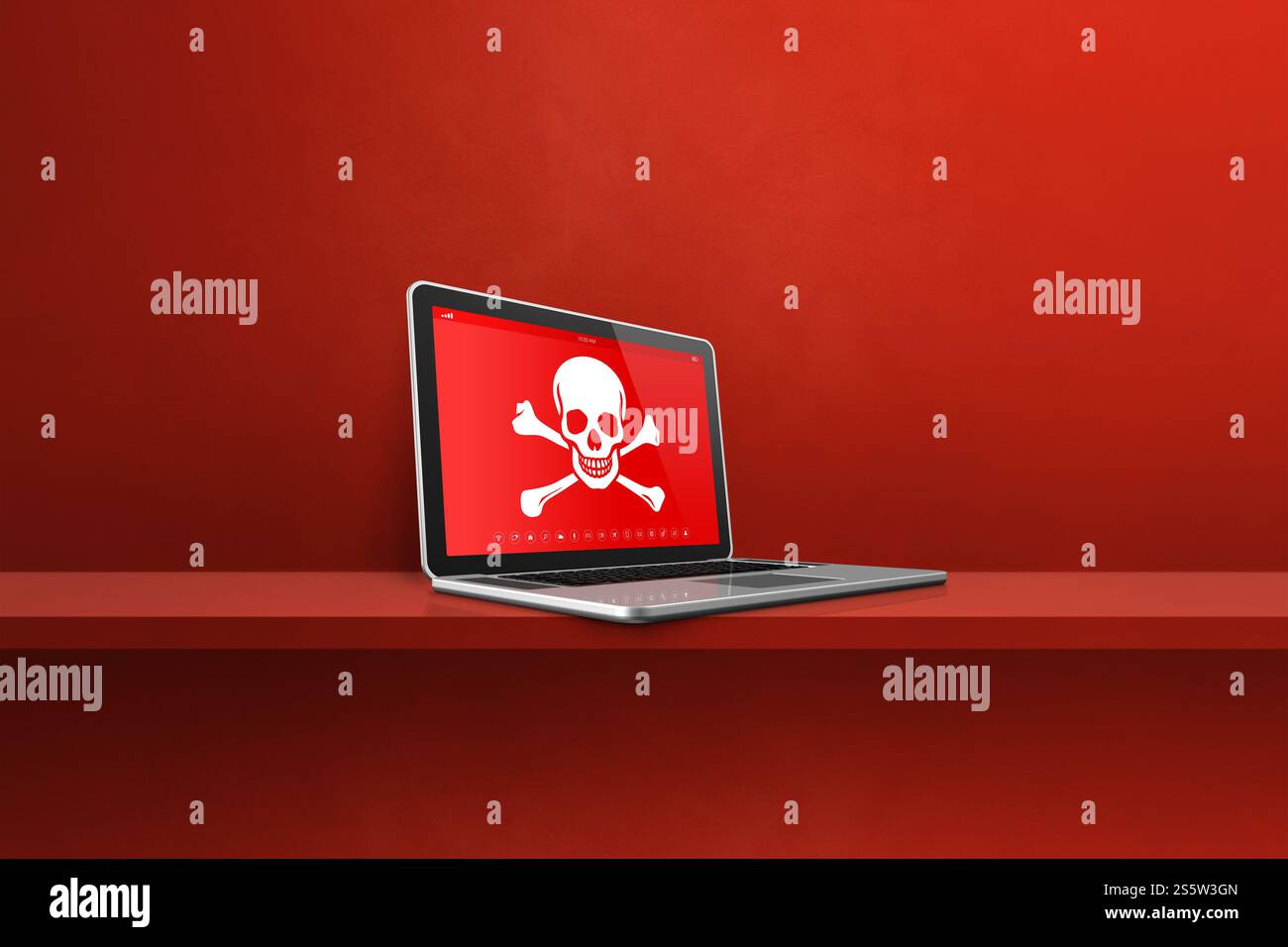 Ordinateur portable sur une étagère avec un symbole pirate à l'écran. Concept de piratage et de virus. Illustration 3D isolée sur fond rouge. Ordinateur portable sur une étagère avec un Banque D'Images