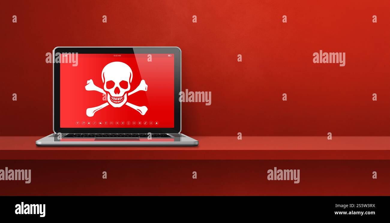 Ordinateur portable sur une étagère avec un symbole pirate à l'écran. Concept de piratage et de virus. Illustration 3D isolée sur fond rouge. Bannière horizontale. Ordinateur portable allumé Banque D'Images