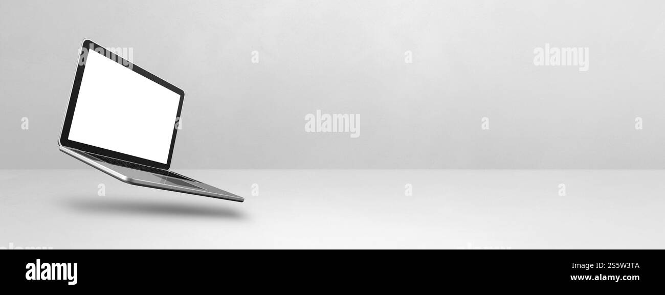 Ordinateur portable vierge flottant sur un fond blanc. Illustration isolée 3D. Modèle de bannière horizontale. Ordinateur portable flottant isolé sur Banque D'Images