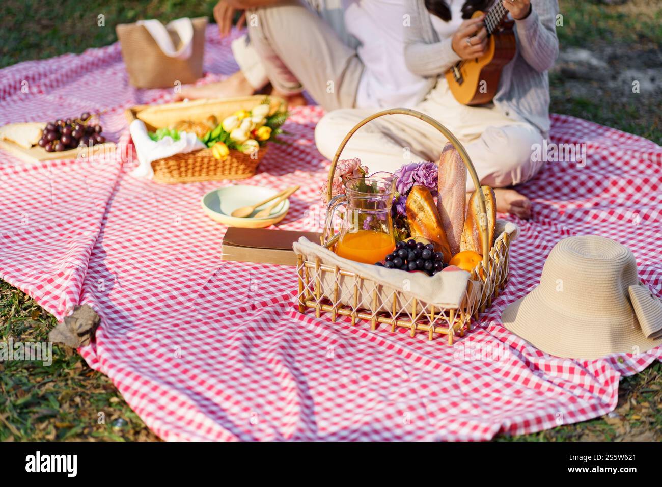 Déjeuner pique-nique repas à l'extérieur du parc avec panier de pique-nique alimentaire. profitez de l'heure de pique-nique dans la nature du parc à l'extérieur Banque D'Images