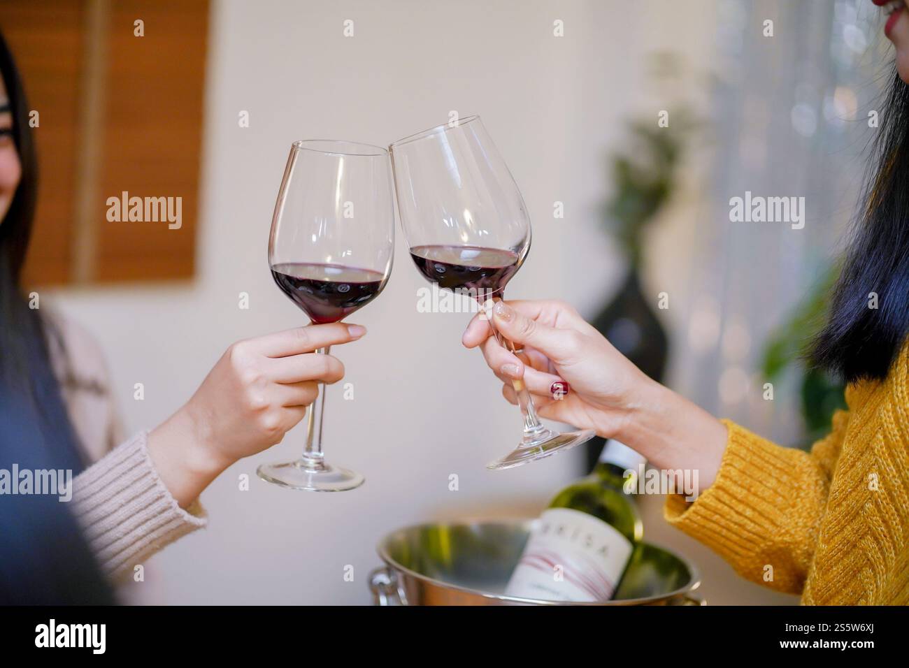 Amis joyeux appréciant la fête d'anniversaire à la maison. Amis asiatiques acclamant boire du vin rouge pour célébrer Noël ou la fête du nouvel an. Banque D'Images