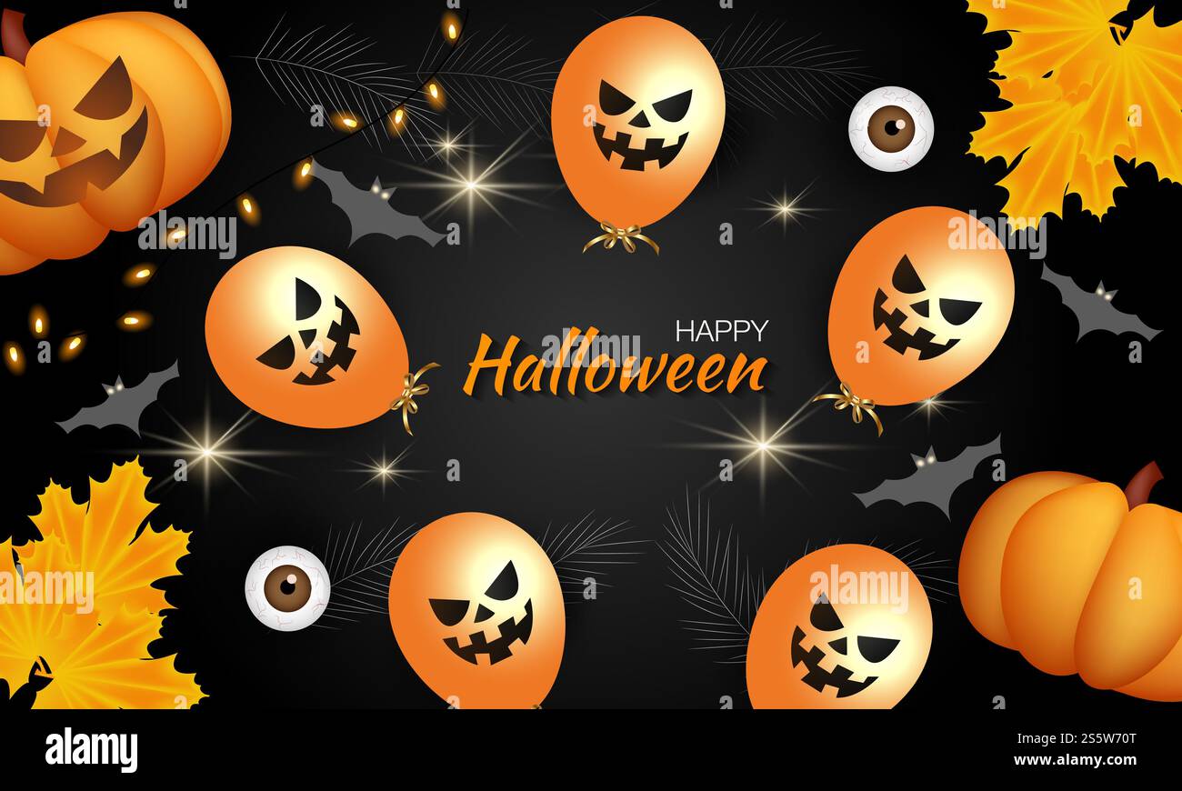 Joyeux Halloween. Composition avec citrouilles, ballons et chauves-souris, décorations de vacances. Vecteur réaliste. Joyeux Halloween. Composition avec des citrouilles, Banque D'Images