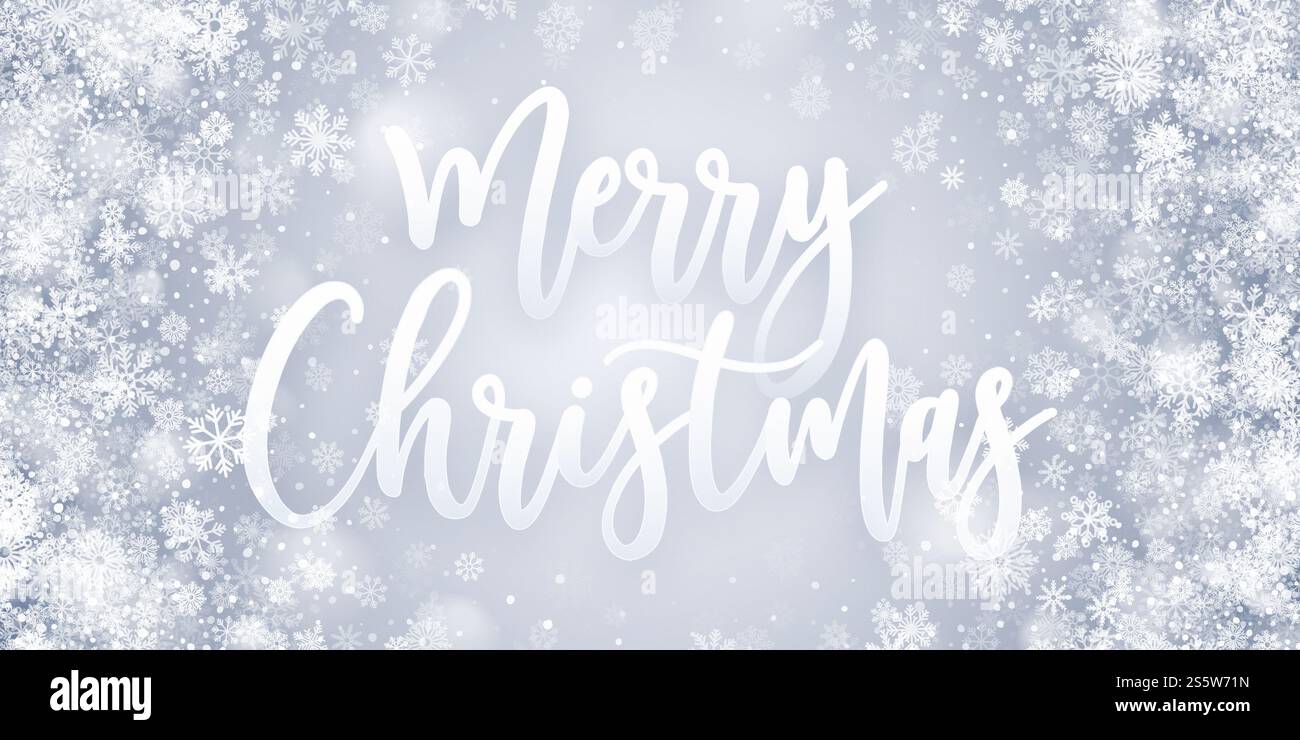 Carte de voeux Joyeux Noël avec texte calligraphique et flocons de neige sur fond bleu clair Banque D'Images