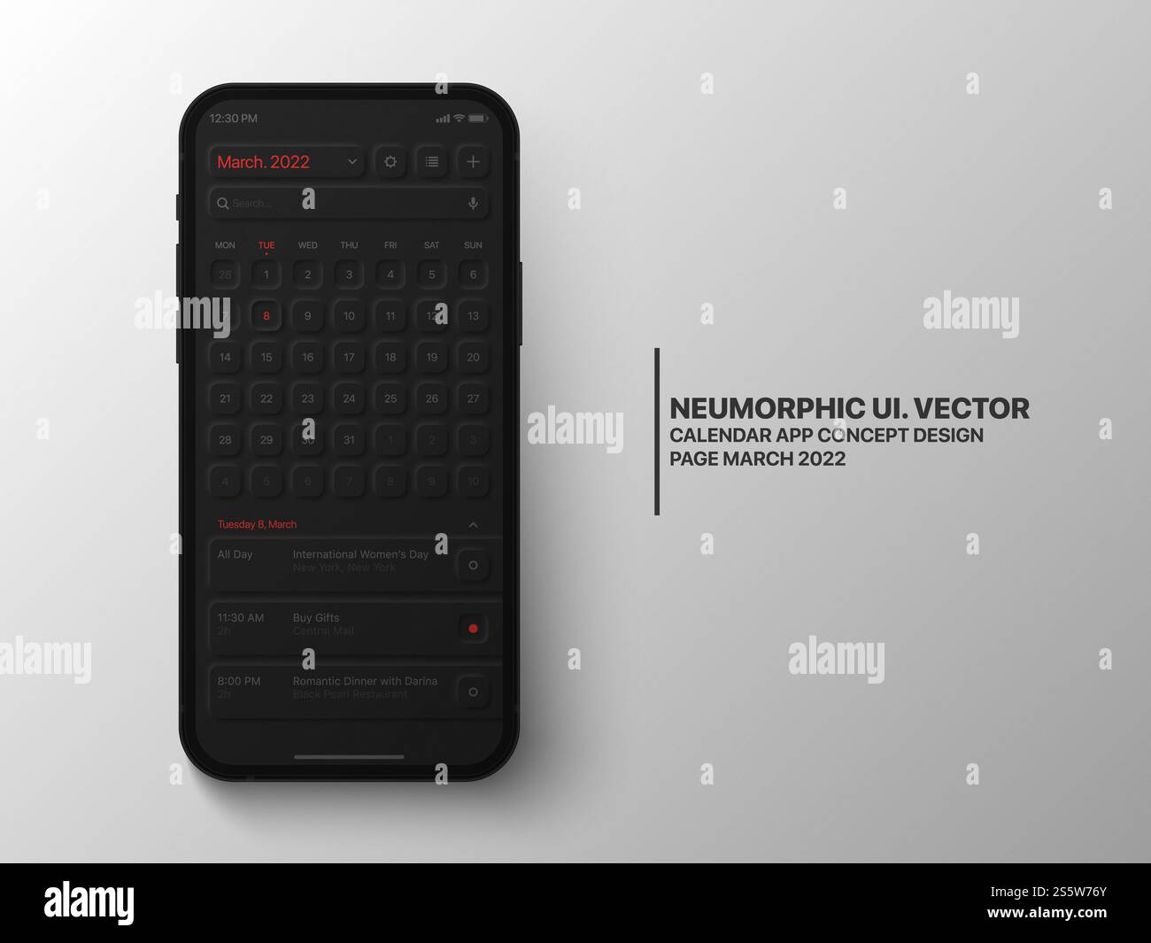 Calendrier Mobile App page Mars avec Gestionnaire de tâches interface utilisateur conceptuelle UX Neumorphic Dark version Banque D'Images