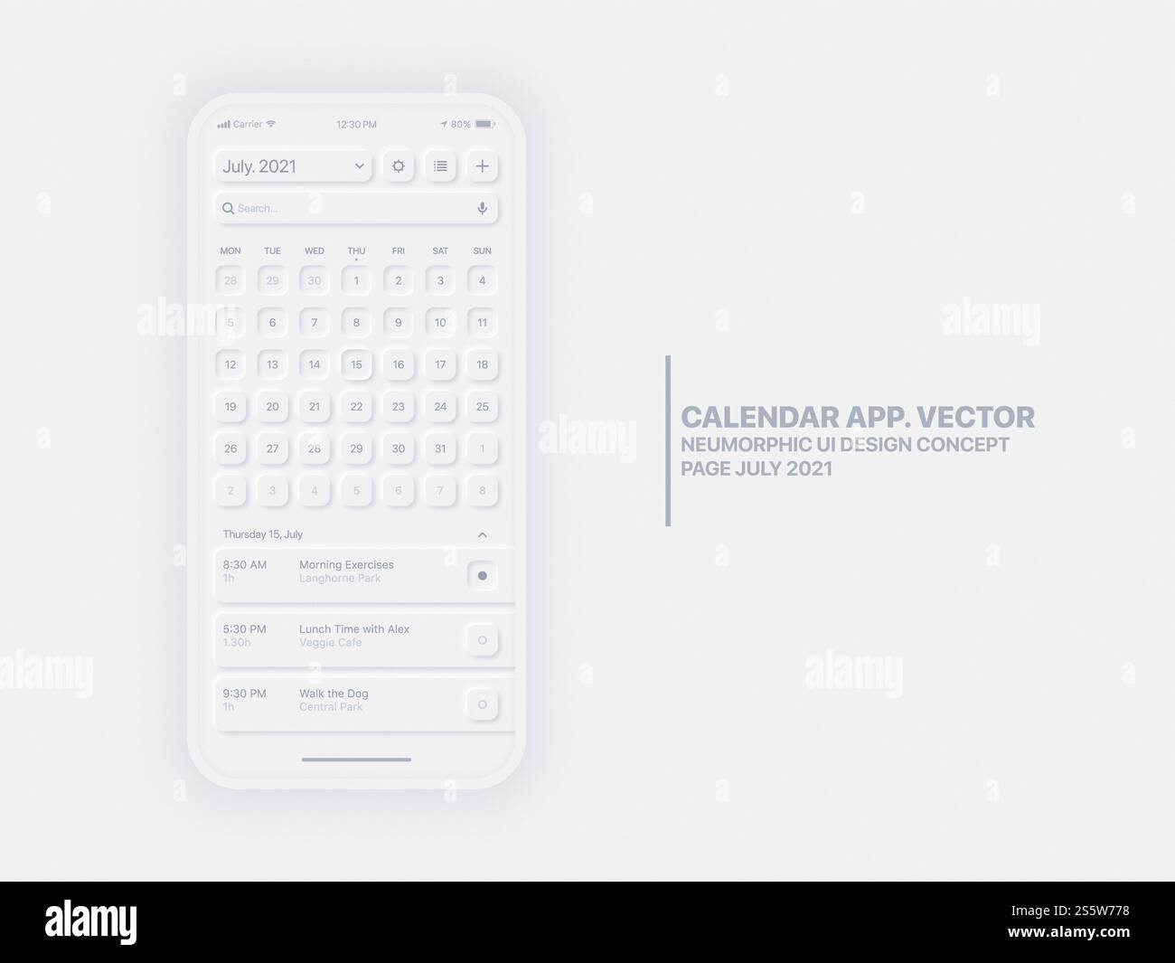 Calendrier Mobile App page juillet avec Gestionnaire de tâches interface utilisateur conceptuelle UX Neumorphic Design Banque D'Images