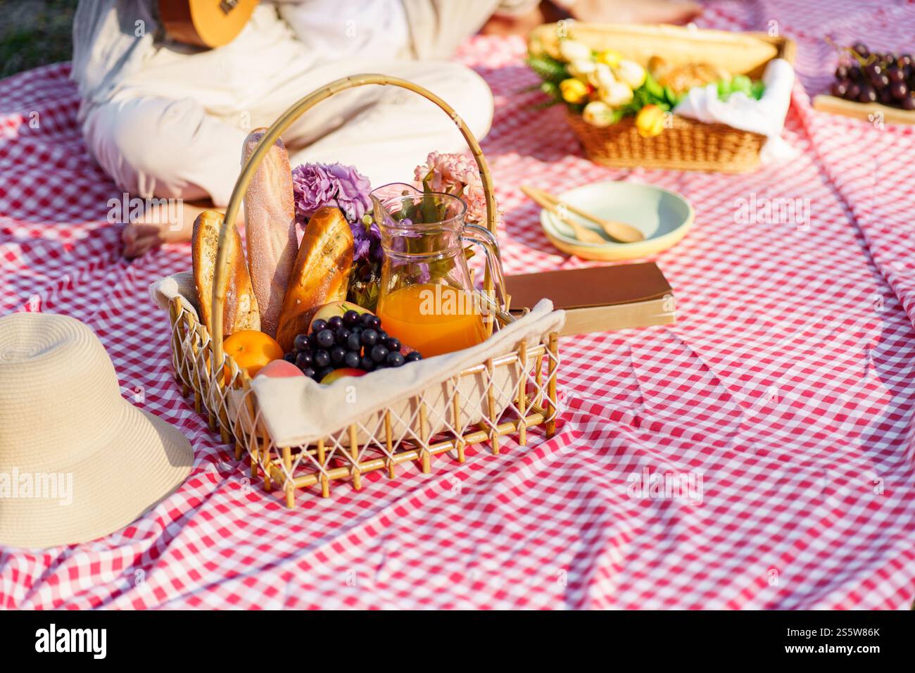 Déjeuner pique-nique repas à l'extérieur du parc avec panier de pique-nique alimentaire. profitez de l'heure de pique-nique dans la nature du parc à l'extérieur Banque D'Images