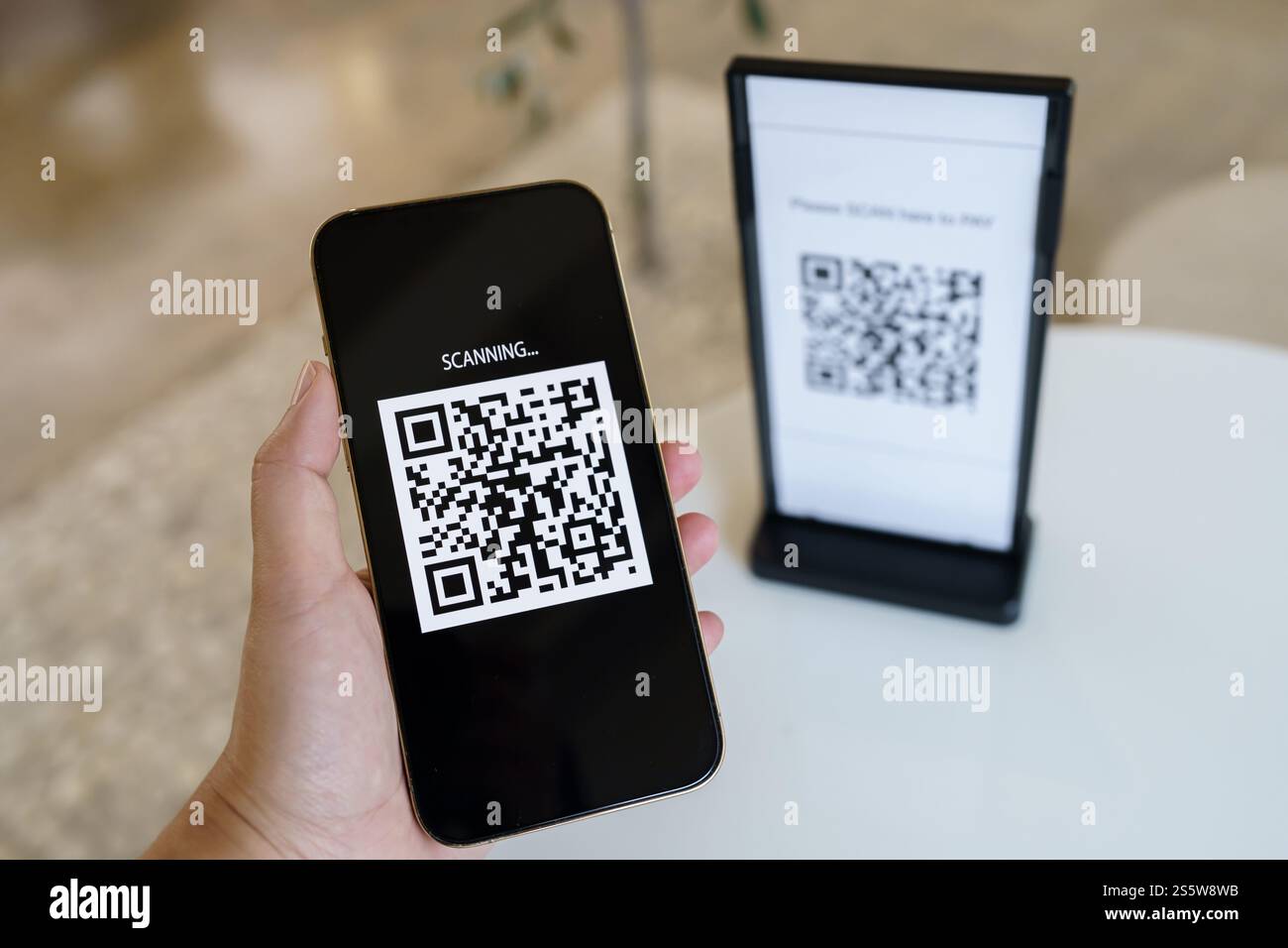Paiement par code QR. E portefeuille. Man scan tag accepté générer paiement numérique sans argent.scan code QR en ligne shopping paiement sans espèces et Banque D'Images